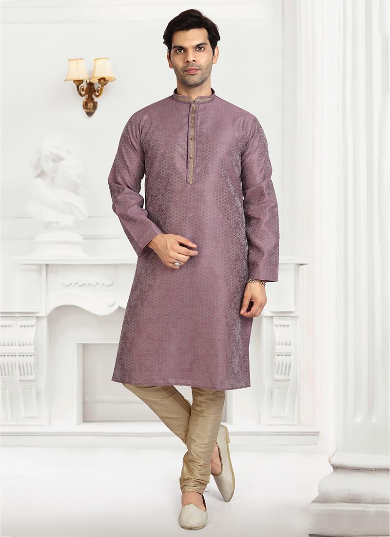 Mauve Jacquard Silk Mens Kurta Pyjama Set