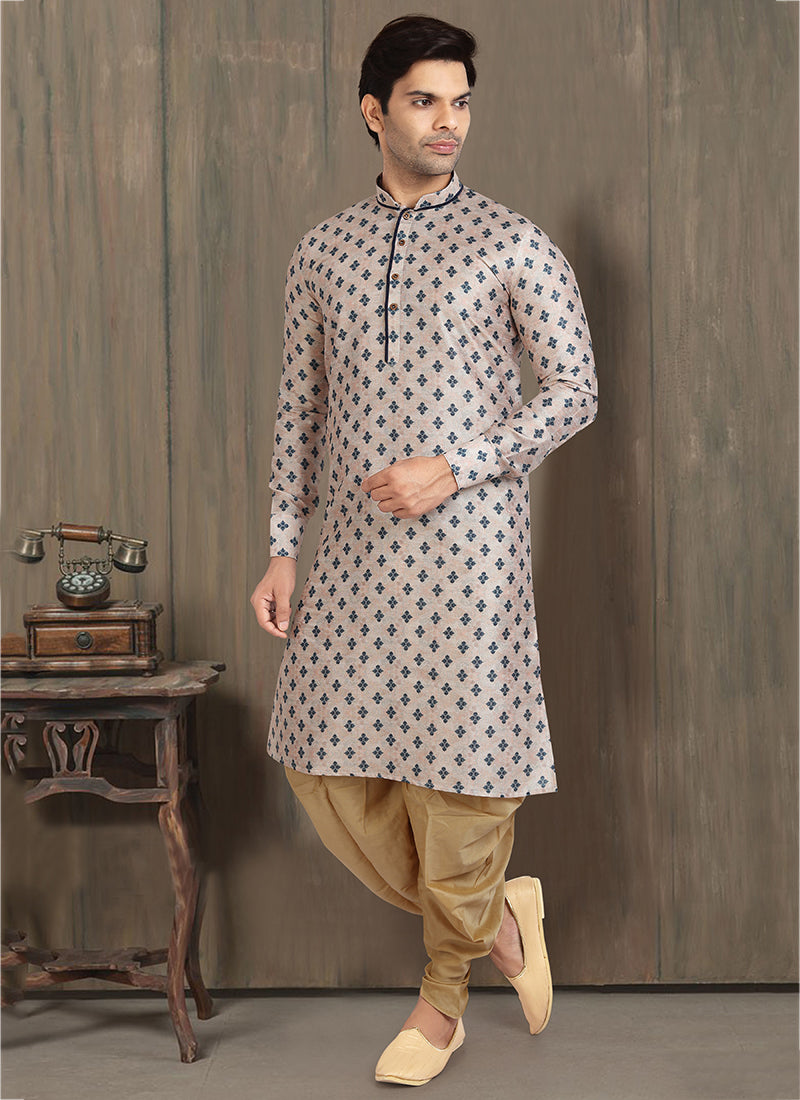 Ash Beige Banarasi Mens Kurta Pyjama Set