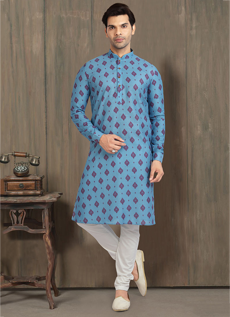 Azure Blue Banarasi Mens Kurta Pyjama Set
