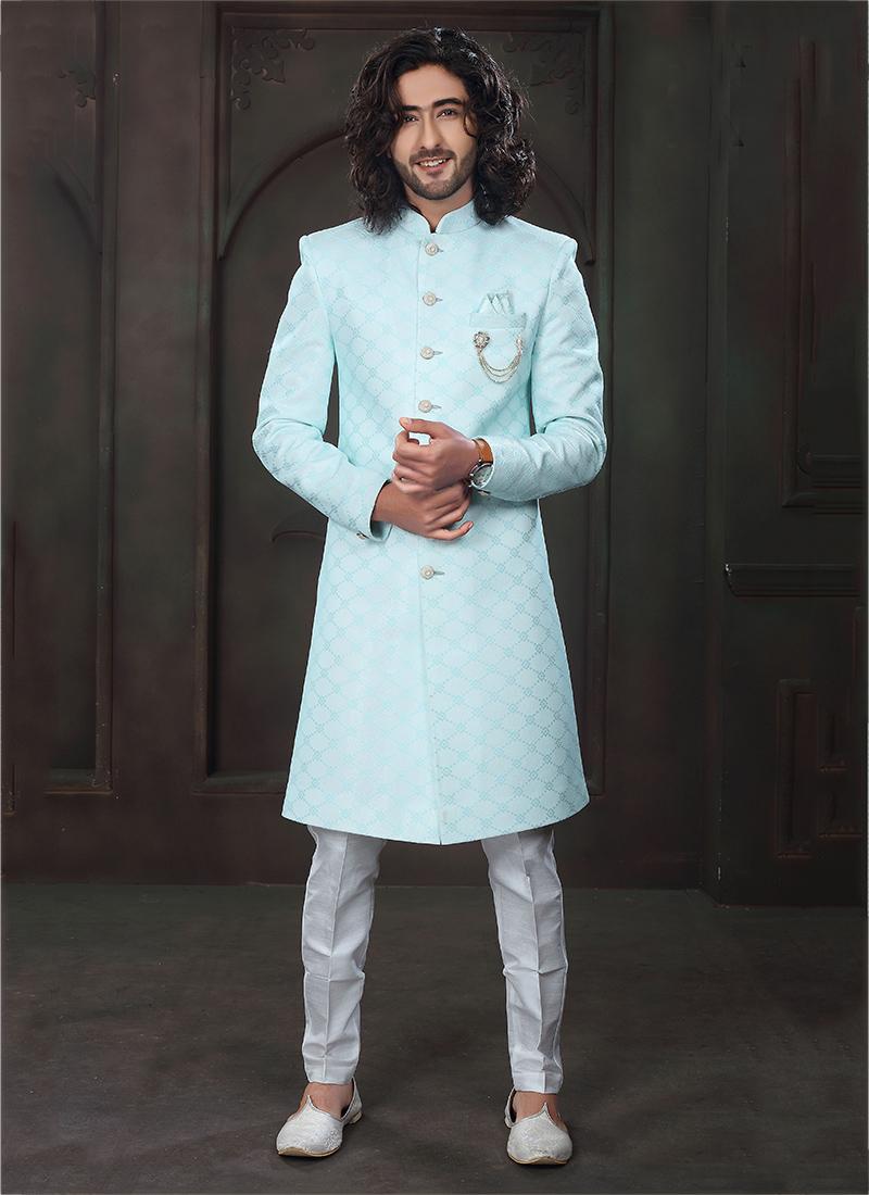 Sky Blue Imported Velvet Mens Indo Western