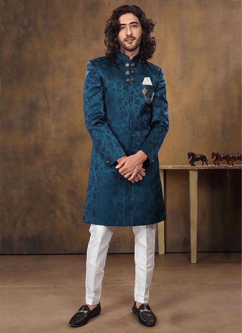 Teal Blue Imported Velvet Mens Indo Western