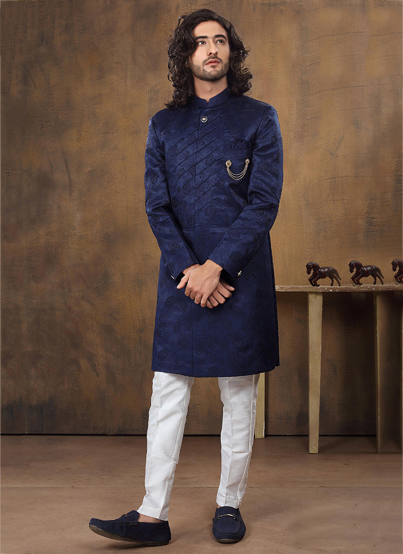 Navy Blue Imported and Velvet Mens Indo Western