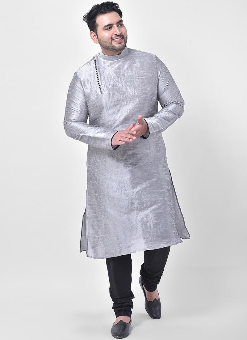 Grey Dupion Silk Mens Kurta Pyjama Set