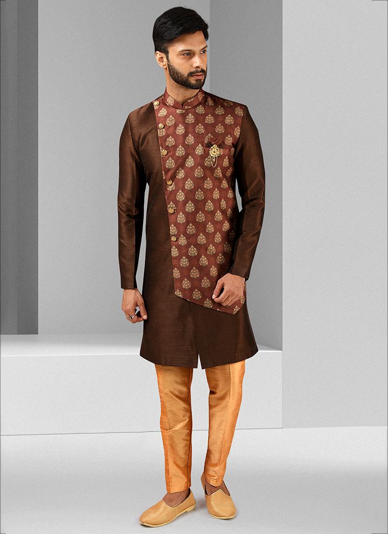 Brown Art Silk Mens Indo Western