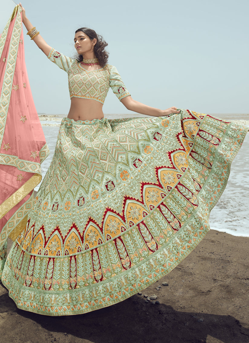 Pastel Green Georgette Wedding Lehenga Choli Set