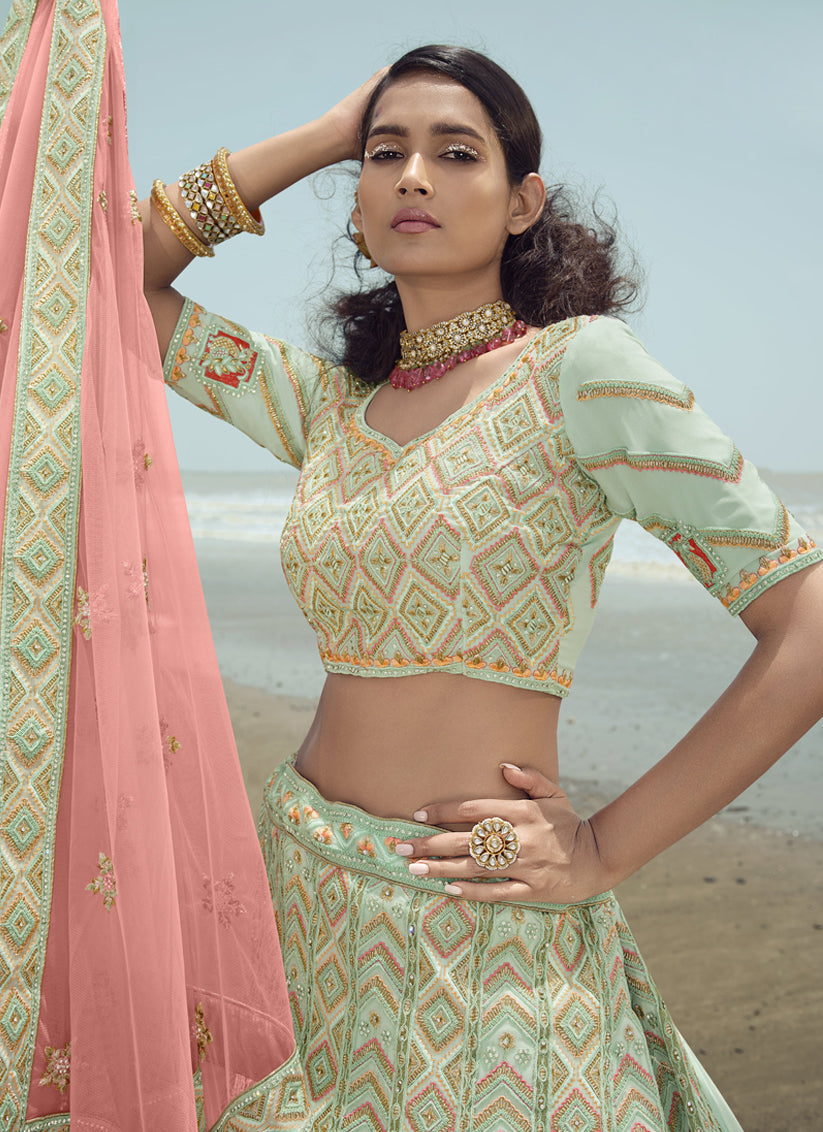 Pastel Green Georgette Wedding Lehenga Choli Set