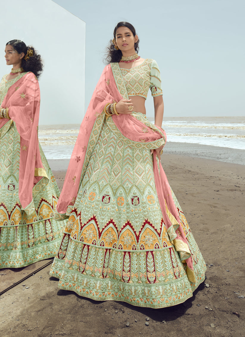 Pastel Green Georgette Wedding Lehenga Choli Set