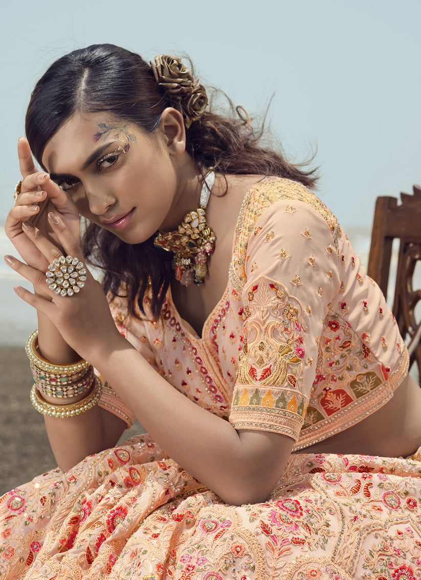 Peach Georgette Wedding Lehenga Choli Set