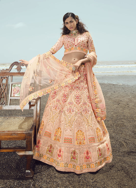 Peach Georgette Wedding Lehenga Choli Set