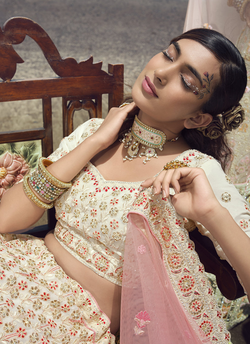 Off White Georgette Wedding Lehenga Choli Set
