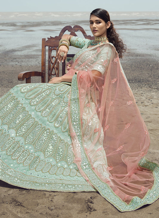 Mint Blue Organza Wedding Lehenga Choli Set
