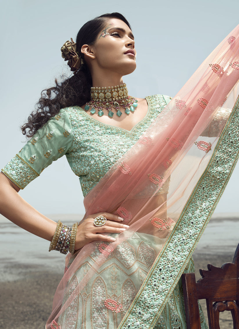 Mint Blue Organza Wedding Lehenga Choli Set