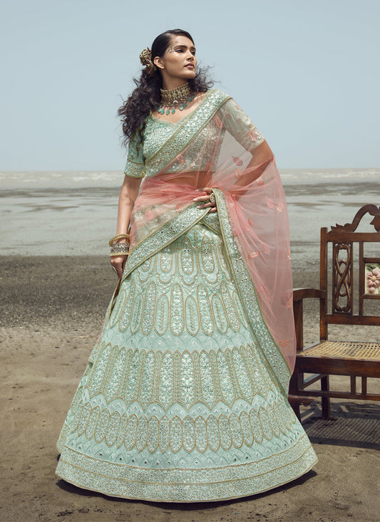 Mint Blue Organza Wedding Lehenga Choli Set