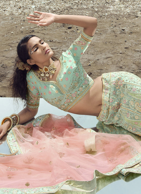 Ice Mint Organza Wedding Lehenga Choli Set