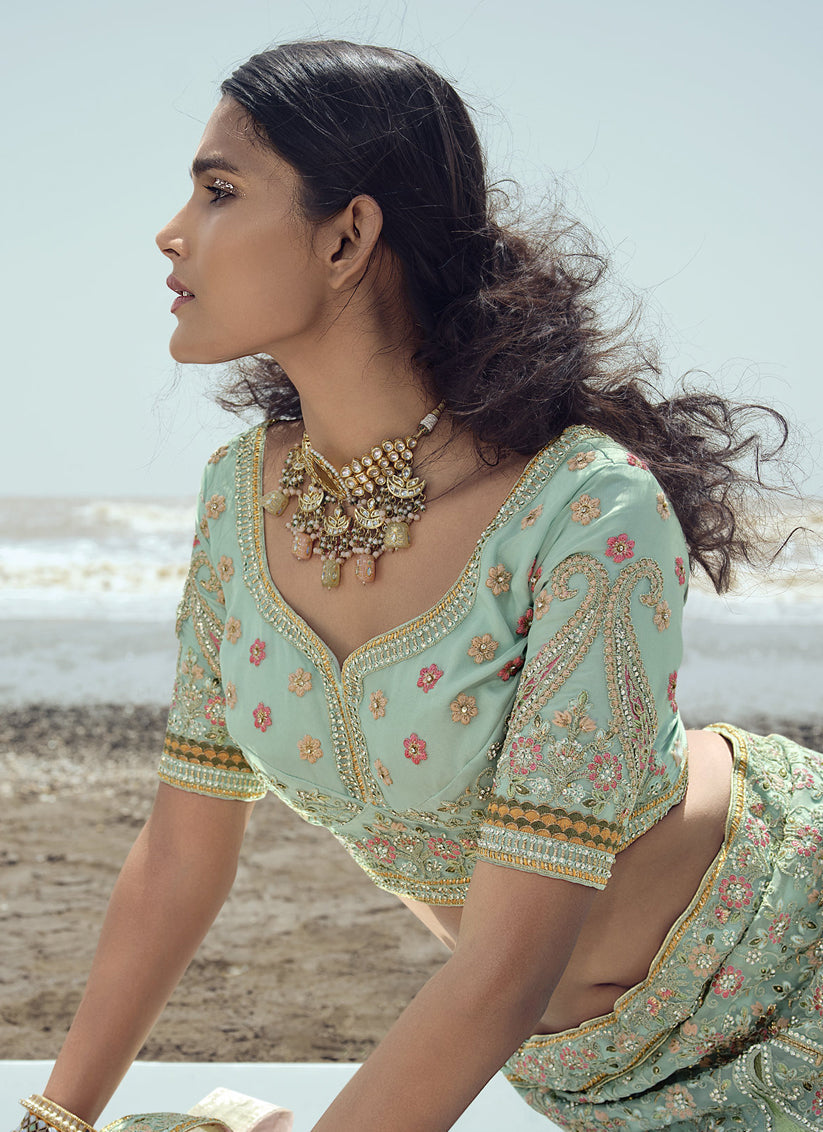 Ice Mint Organza Wedding Lehenga Choli Set