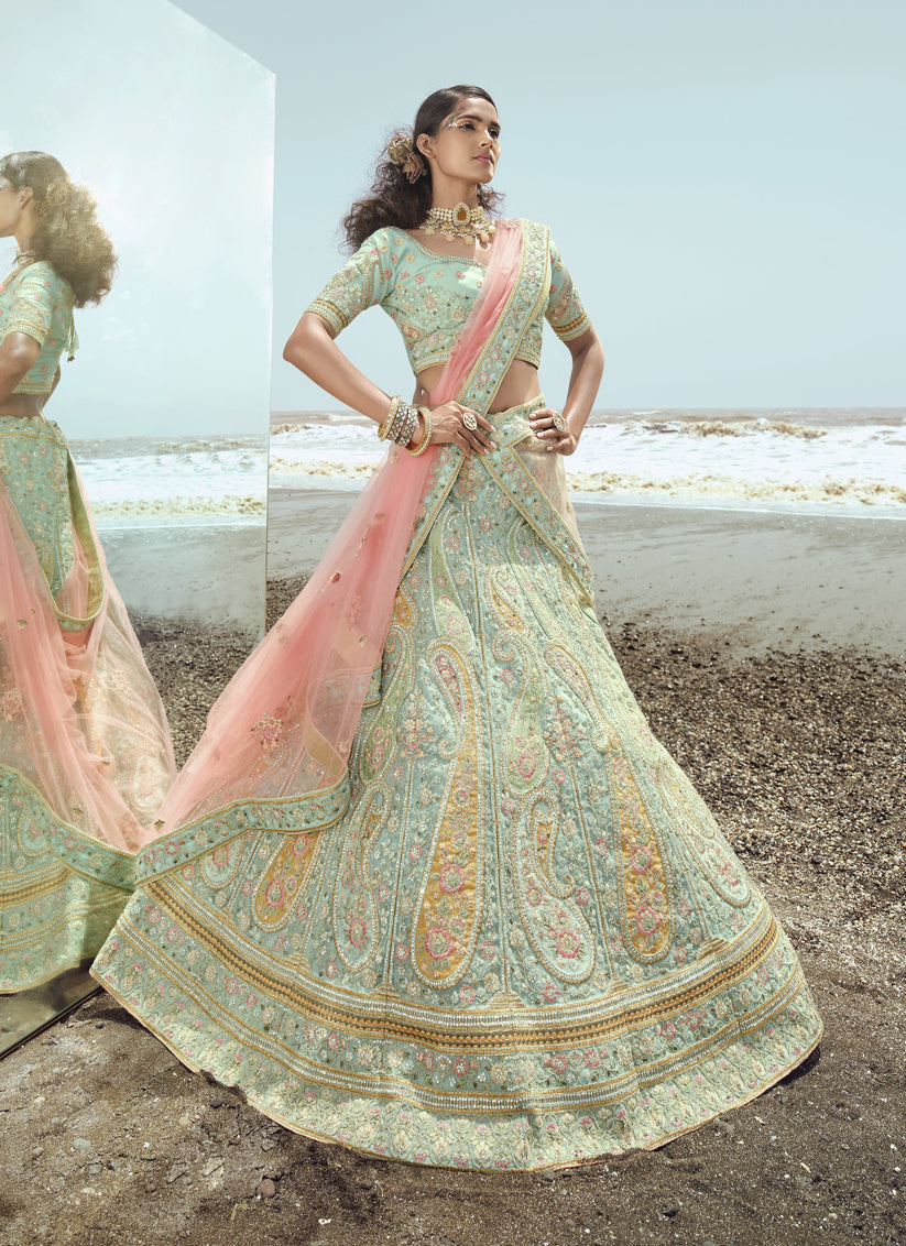 Ice Mint Organza Wedding Lehenga Choli Set