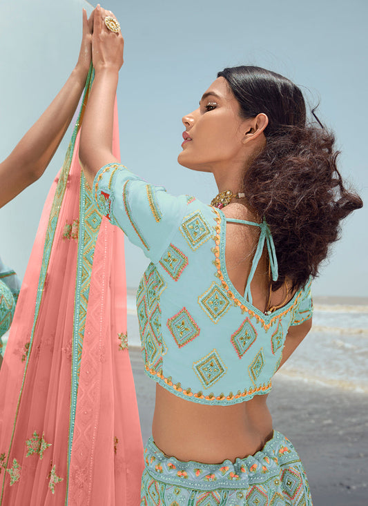 Mint Blue Georgette Wedding Lehenga Choli Set