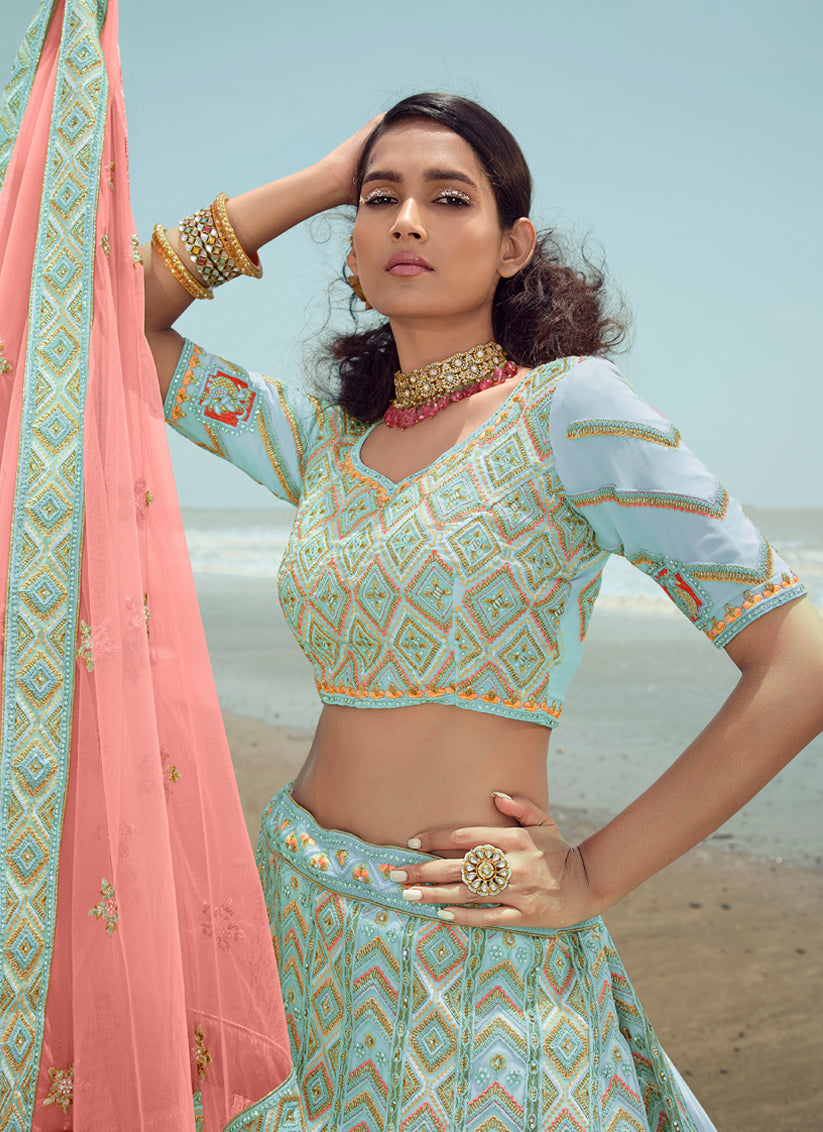 Mint Blue Georgette Wedding Lehenga Choli Set