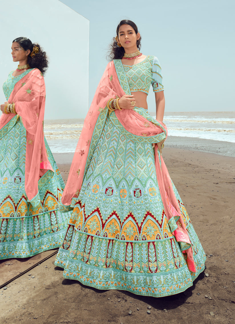 Mint Blue Georgette Wedding Lehenga Choli Set