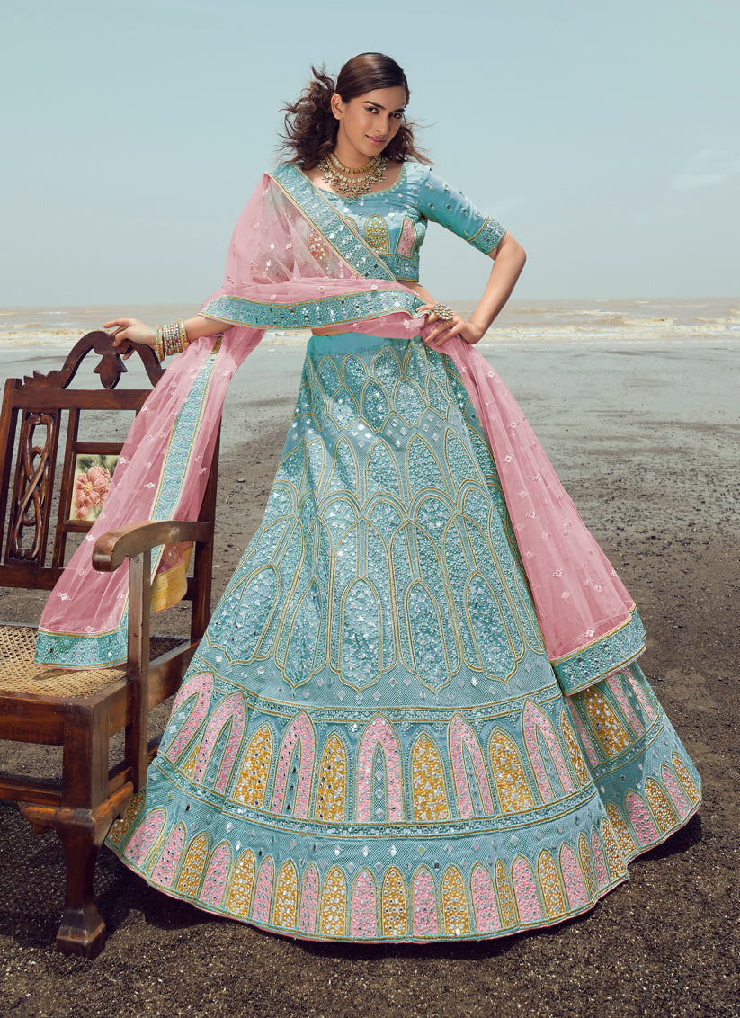 Blue Georgette Wedding Lehenga Choli Set