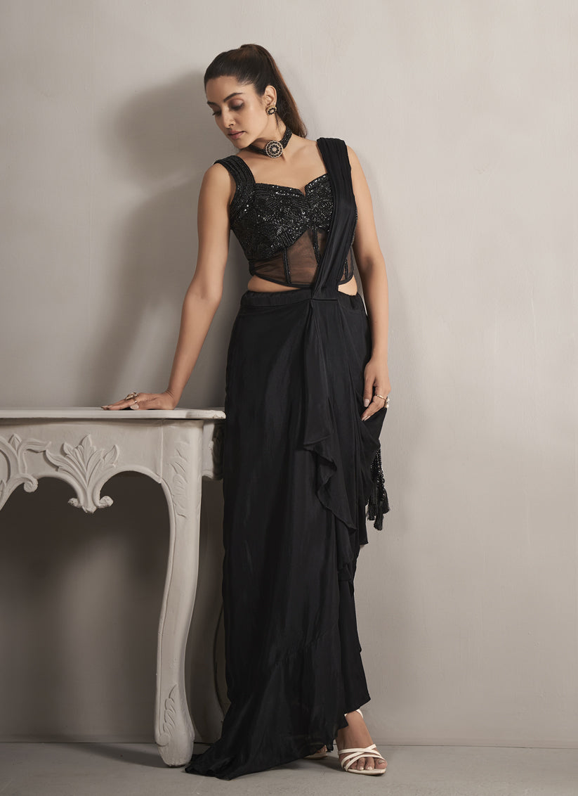 Black Pure Chinnon Ready to Wear Saree