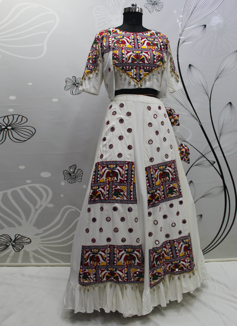 Navratri Special White Viscose Rayon Chaniya Choli with Koti