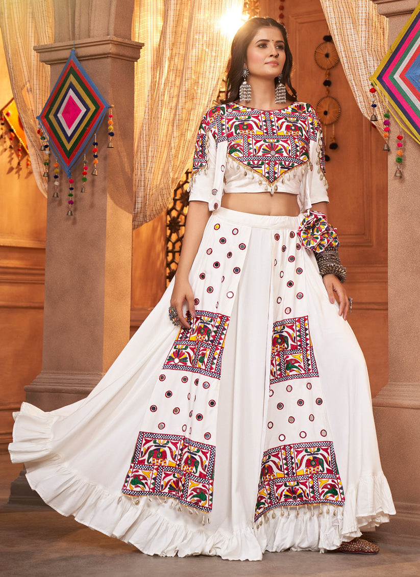 Navratri Special White Viscose Rayon Chaniya Choli with Koti