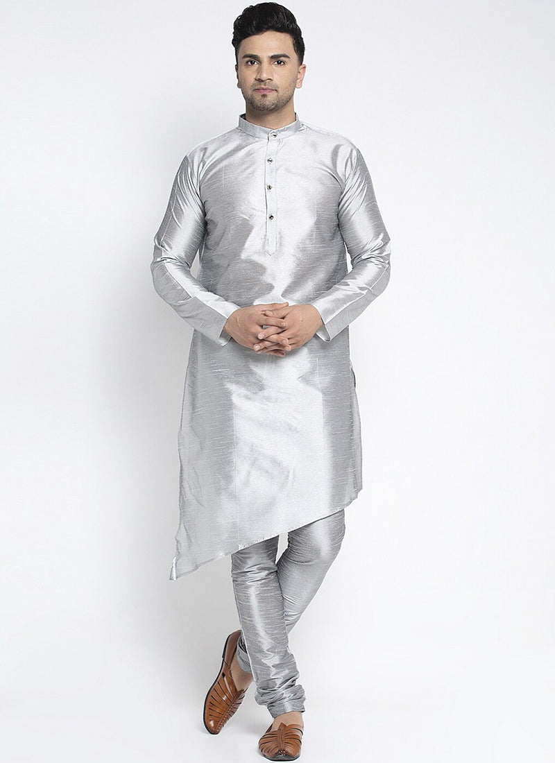 Silver Grey Art Dupion Silk Mens Kurta Set