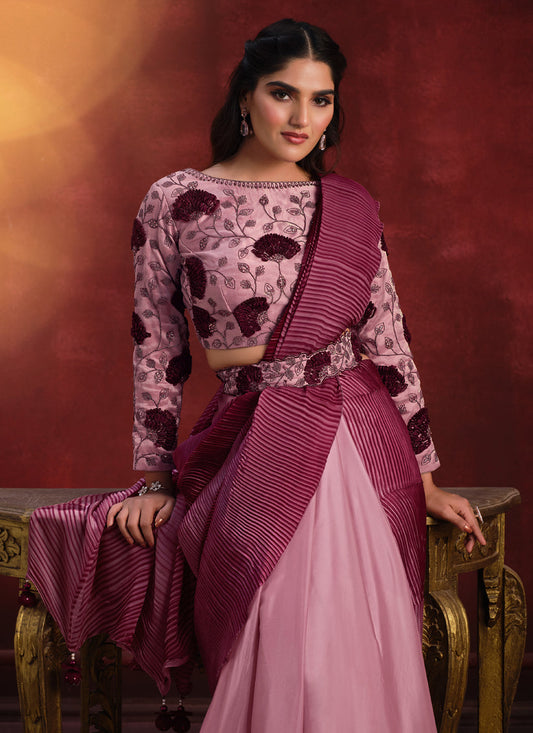 Pink and Maroon Heavy Designer Saree