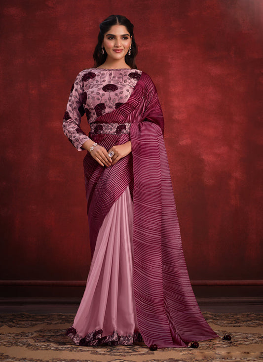 Pink and Maroon Heavy Designer Saree