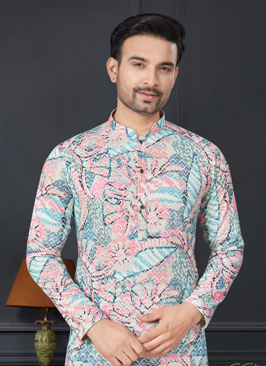 Multicolor Rayon Printed Mens Kurta Pajama Set