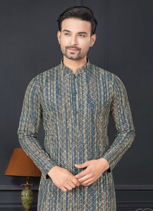 Navy Blue and Golden Rayon Printed Mens Kurta Pajama Set