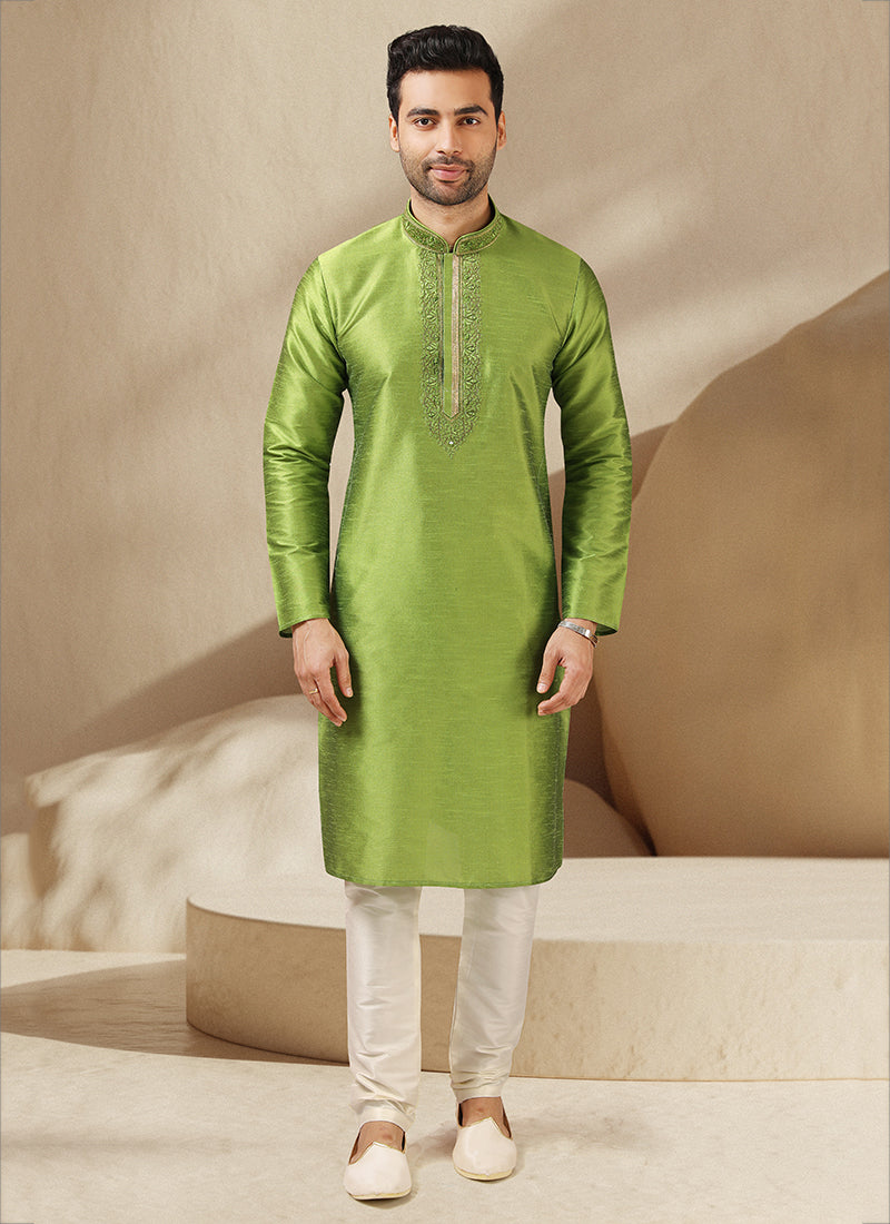 Pistachio Green Banarasi Art Silk Embroidered Mens Kurta Set