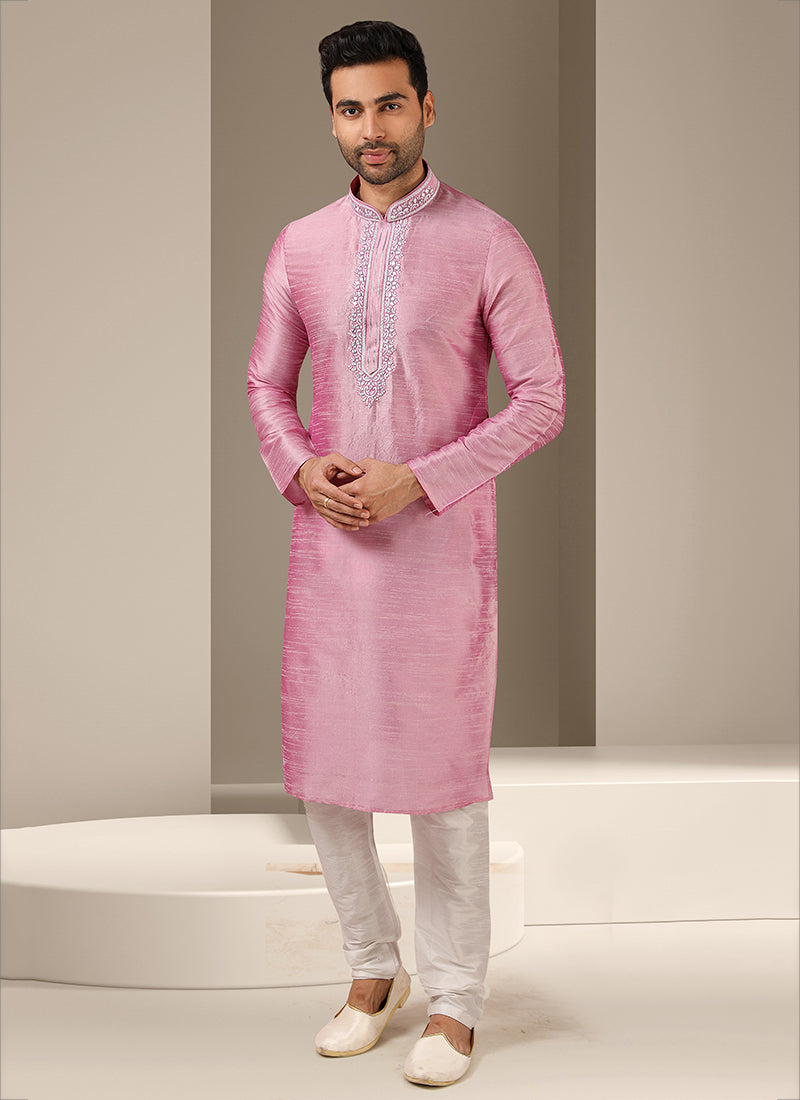 Pink Banarasi Art Silk Embroidered Mens Kurta Set