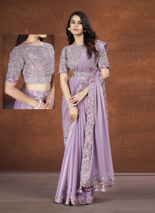 Lavender Crepe Satin Silk Designer Saree with Blouse