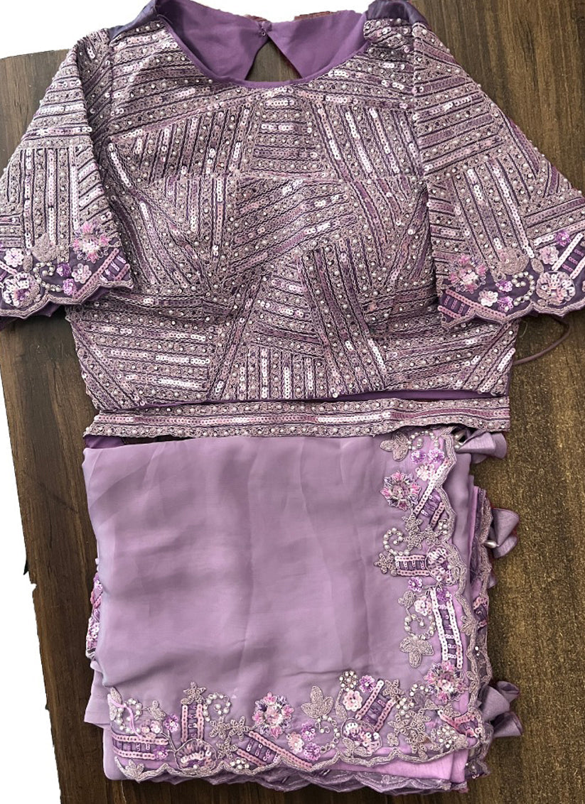 Lavender Crepe Satin Silk Designer Saree with Blouse