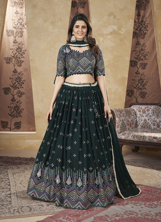 Pine Green Georgette Lehenga Choli For Festival