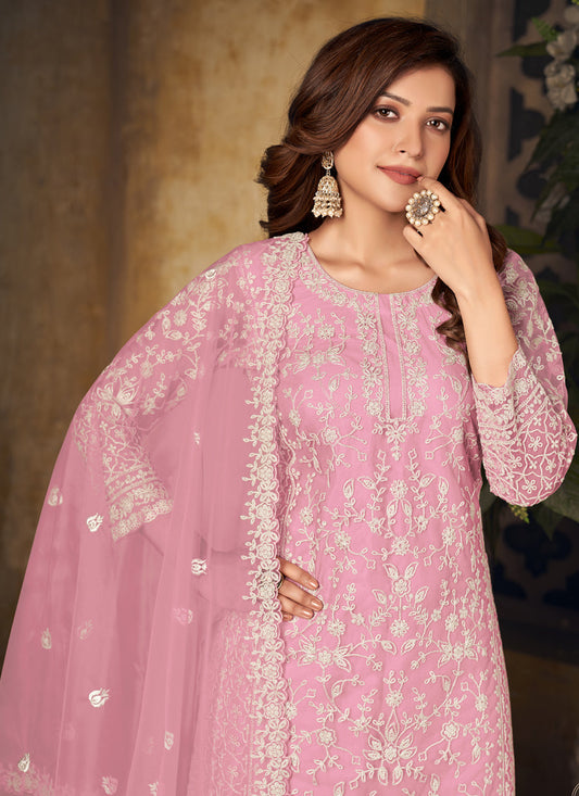 Delicate Rose Pink Net Embroidered Designer Palazzo Kameez