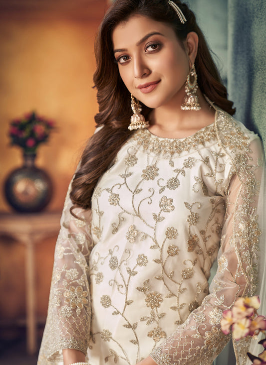 Sophisticated Pearl White Net Embroidered Designer Trouser Kameez