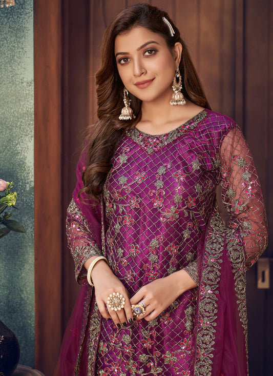 Astonishing Magenta Net Embroidered Designer Trouser Kameez