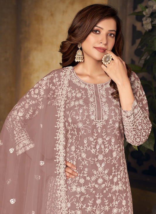 Dashing Rose Gold Net Embroidered Designer Palazzo Kameez