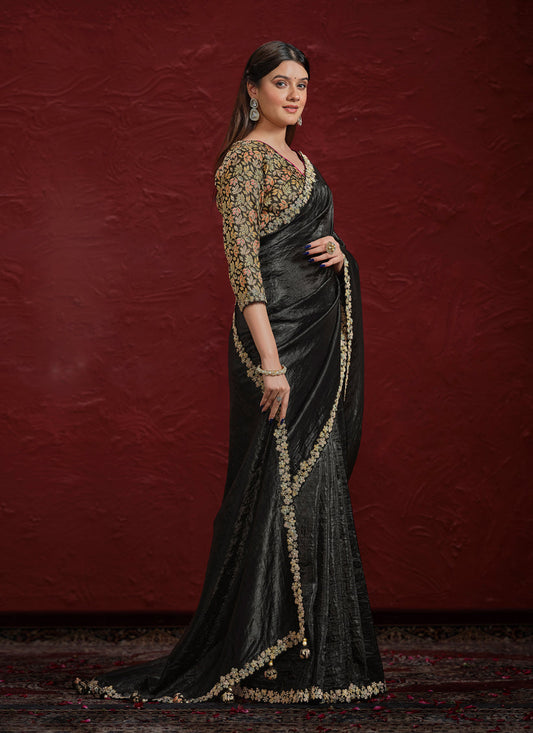 Black Crush Paper Silk Designer Wedding Saree