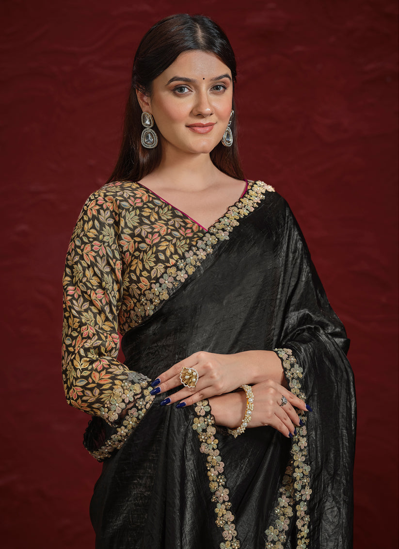 Black Crush Paper Silk Designer Wedding Saree