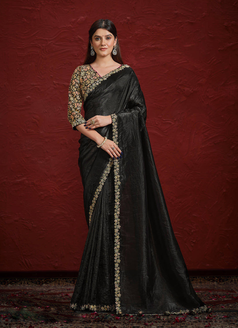 Black Crush Paper Silk Designer Wedding Saree