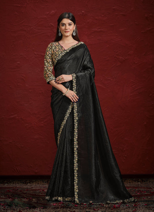 Black Crush Paper Silk Designer Wedding Saree