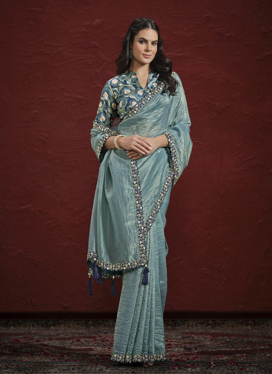 Carolina Blue Paper Silk Designer Wedding Saree