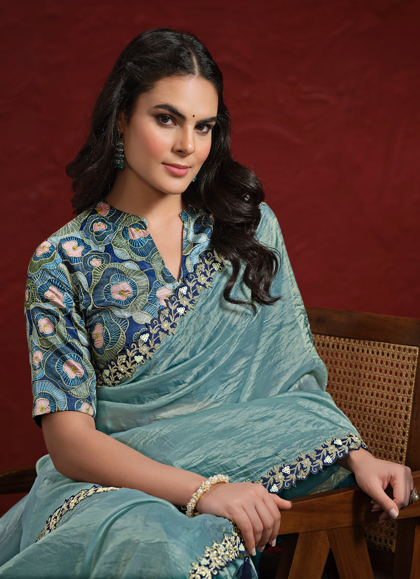 Carolina Blue Paper Silk Designer Wedding Saree