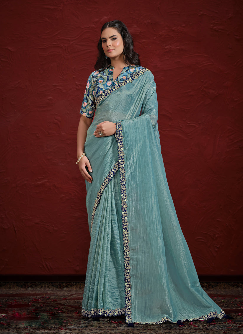 Carolina Blue Paper Silk Designer Wedding Saree