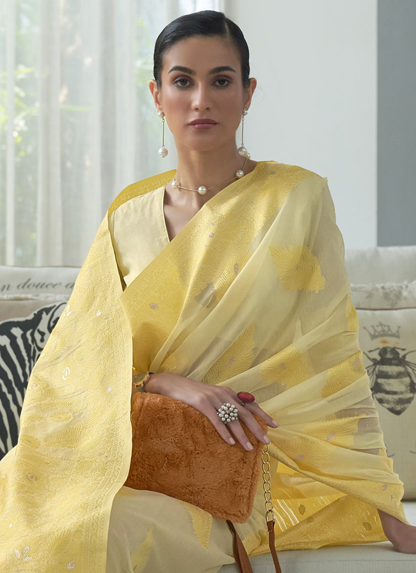 Unique Pastel Yellow Chikankari Weaving Saree