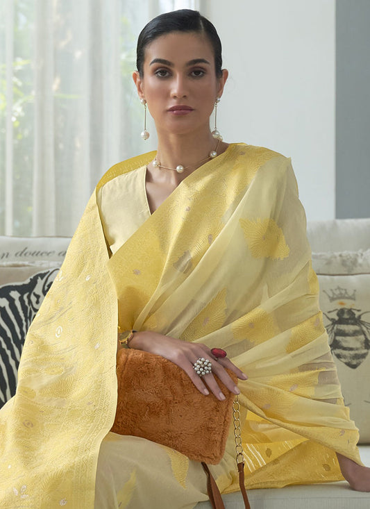 Unique Pastel Yellow Chikankari Weaving Saree